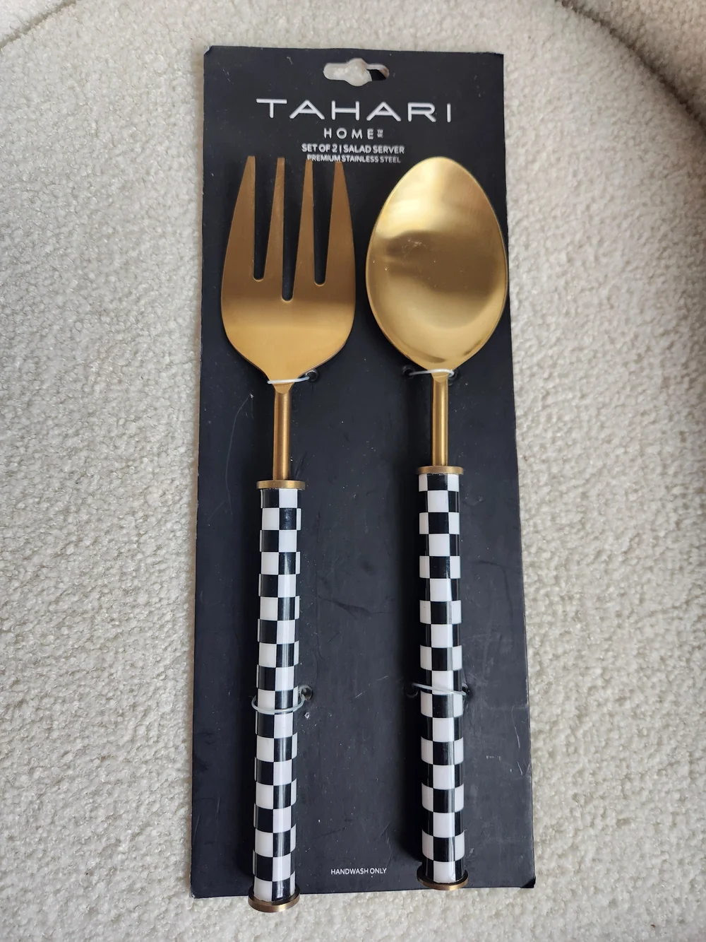 Tahari Gold Salad Servers with Black and White Checkered Handles